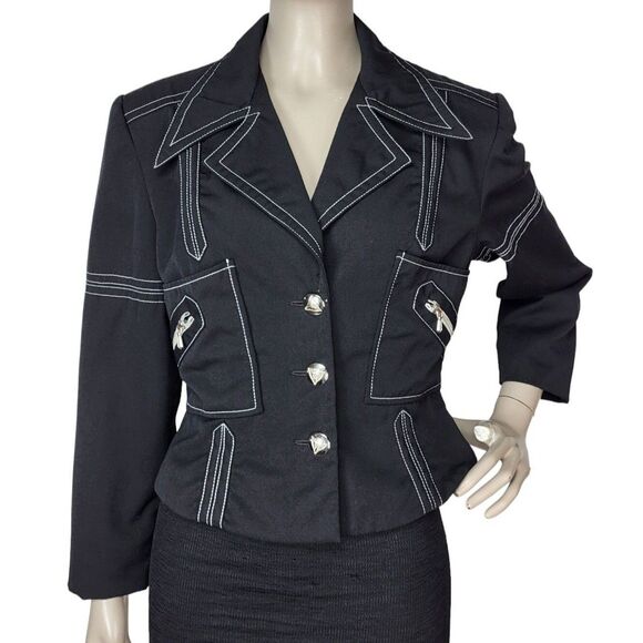 Vintage 90s Entre Deux Gothic Punk Black Worsted Wool Button-Down Blazer Jacket - Picture 1 of 9